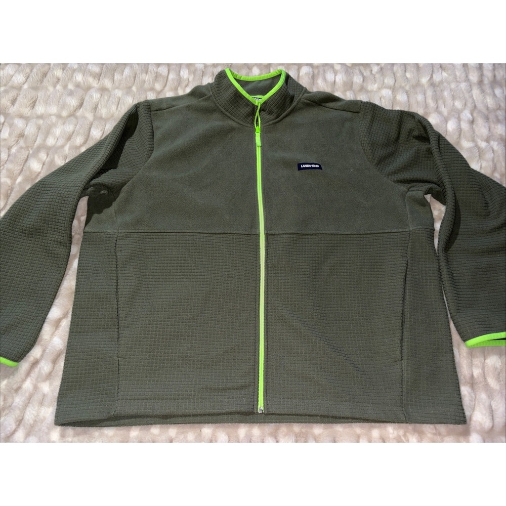 Lands End Full Zip Fleece Jacket‎ Mens 2XL Green Lightweight Hiking Camping